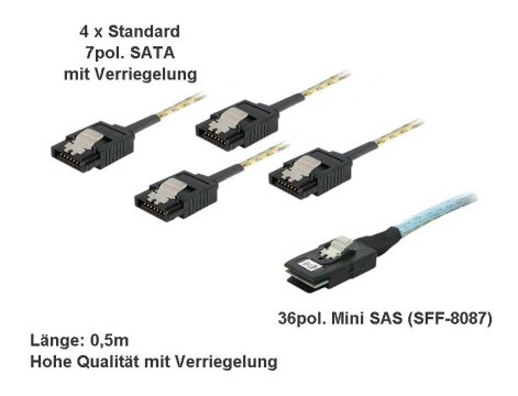 Mini SAS Anschluss Kabel intern / SFF-8087 auf 4x SATA mit Ver.